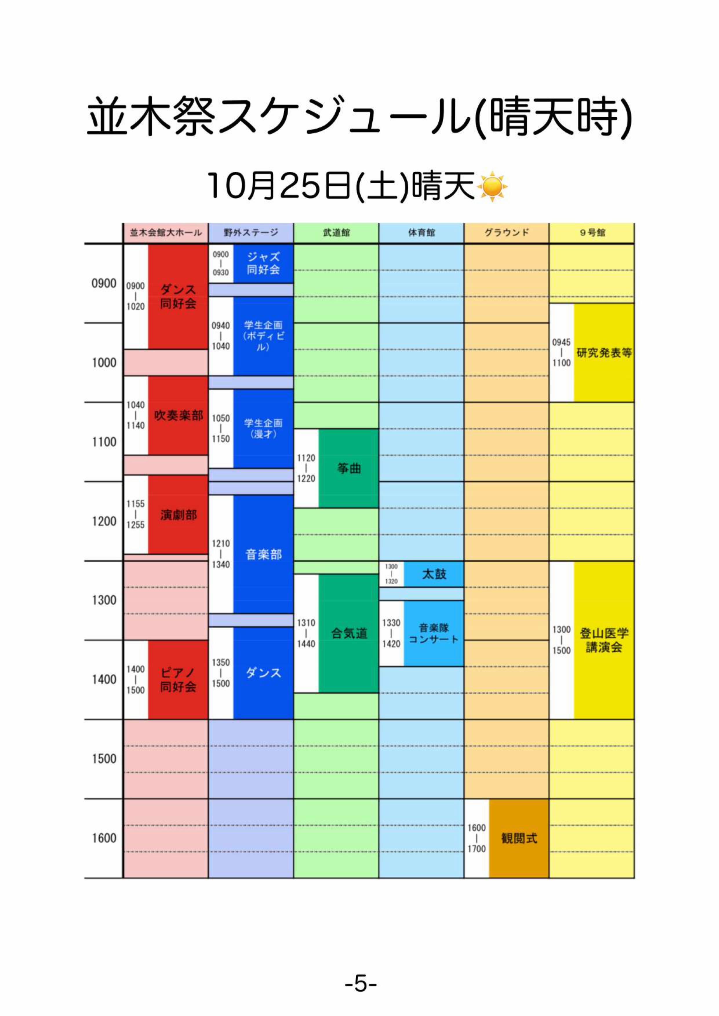 令和7年度 第50回 防衛医科大学校 並木祭:スケジュール(晴天)